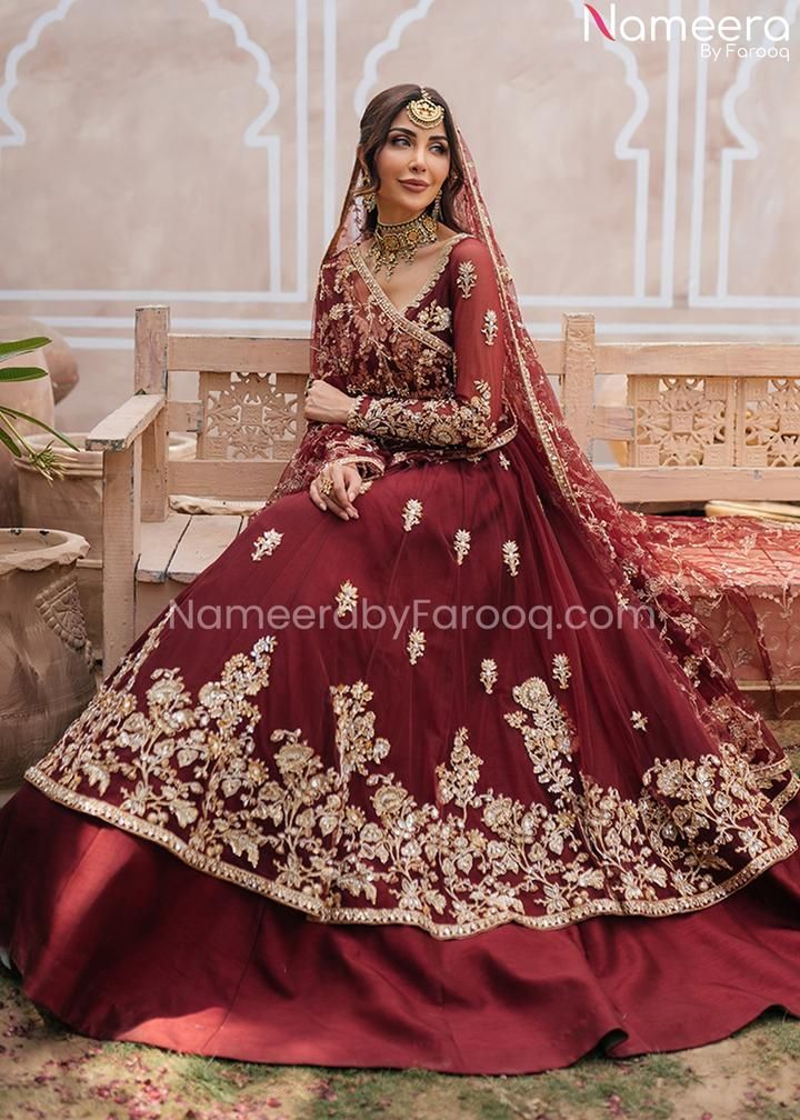 Pakistani Bridal Pishwas in Classic Burgundy #BS512