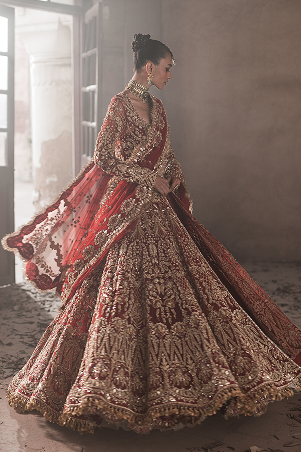 Pakistani Bridal Red Lehenga and Embellished Gown Dress – SMALL