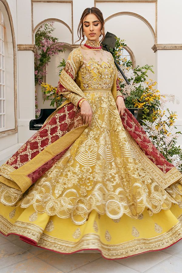 Pakistani Bridal Yellow Lehenga Frock Dress #BS848