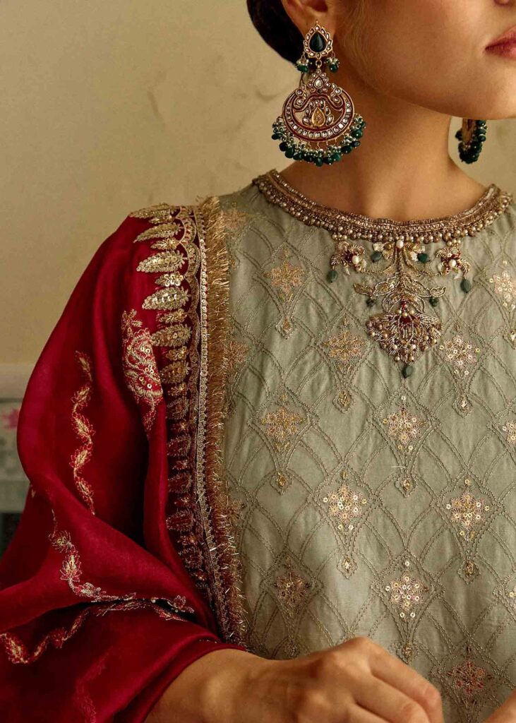 Pale green shirt and lehenga Red dupatta – M