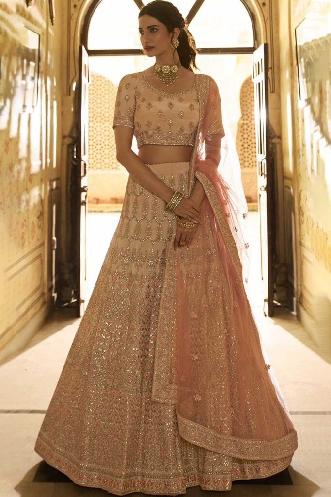 Peach Crepe Embroidered Lehenga Choli