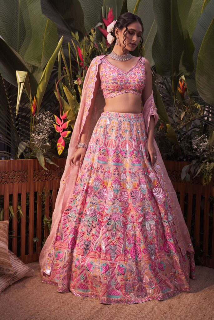 Peach Multicolor Tropical Lehenga Set