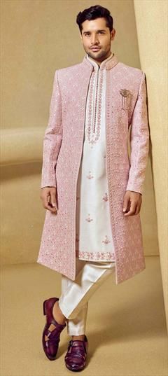 Pink and Majenta, White and Off White color Brocade fabric Sherwani : 1758832