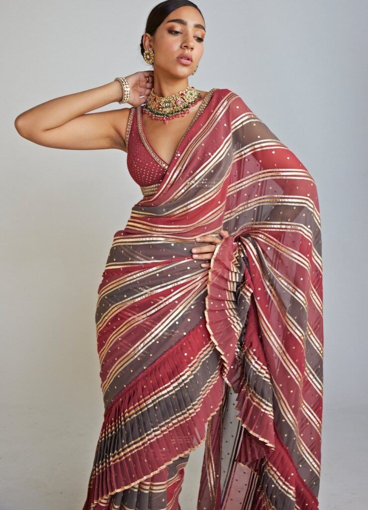 Pre Draped Charcoal Grey and Gold Multicolor Saree Set – XS