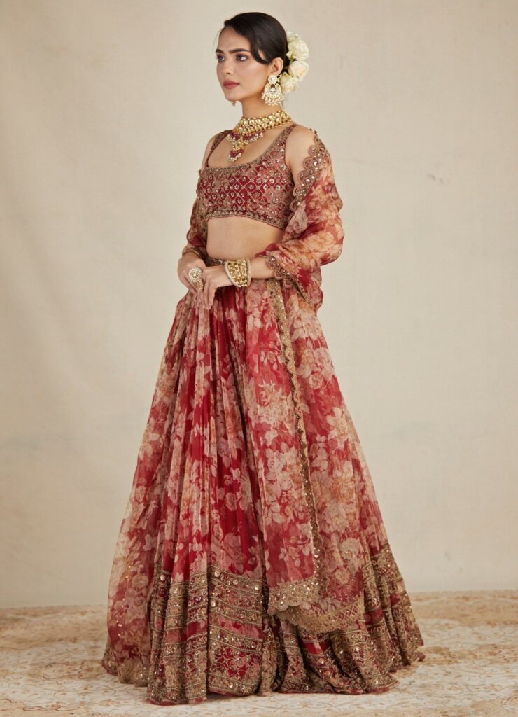 Red Printed Embellished Organza Bridal Lehenga – S