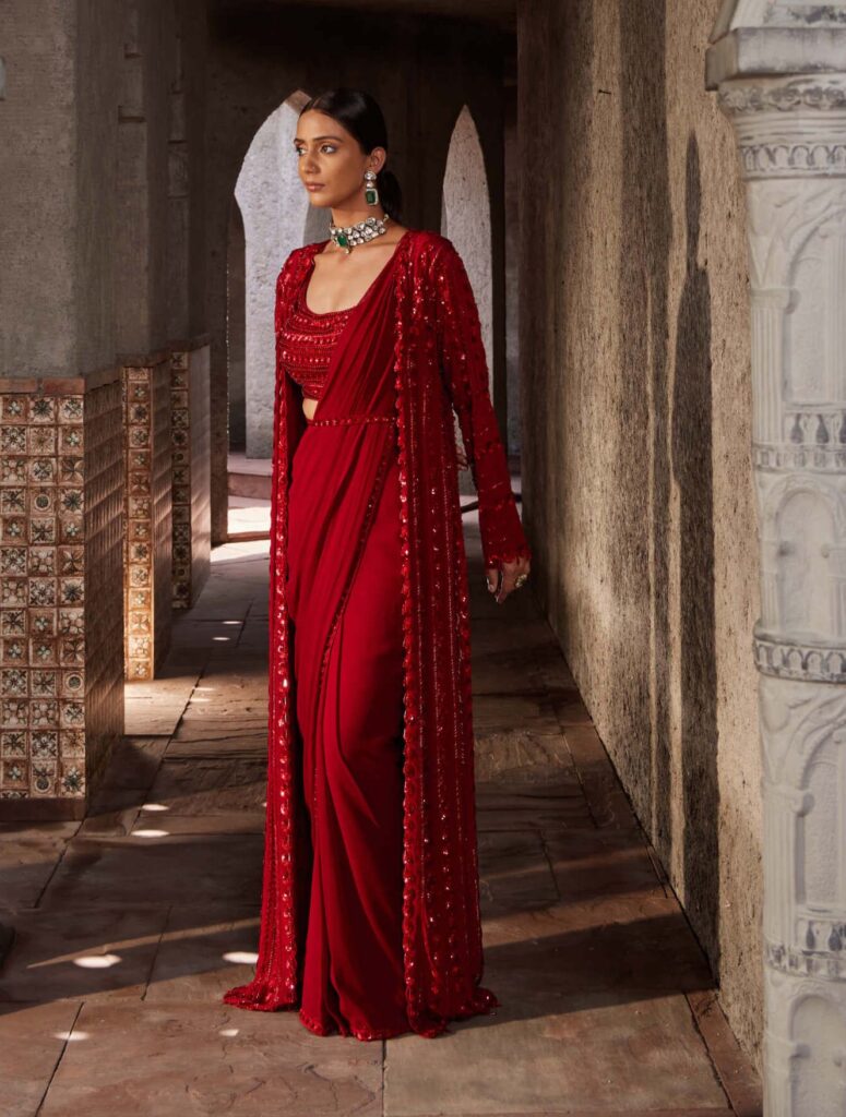 Red jalsa draped sari and cape set – CUSTOM