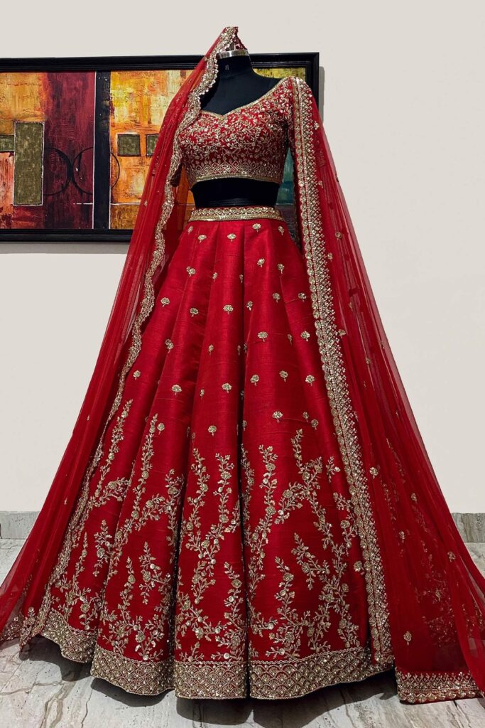 Riantas Silk Lehenga Set | Red, Pearl, Pure Silk, Leaf, Half