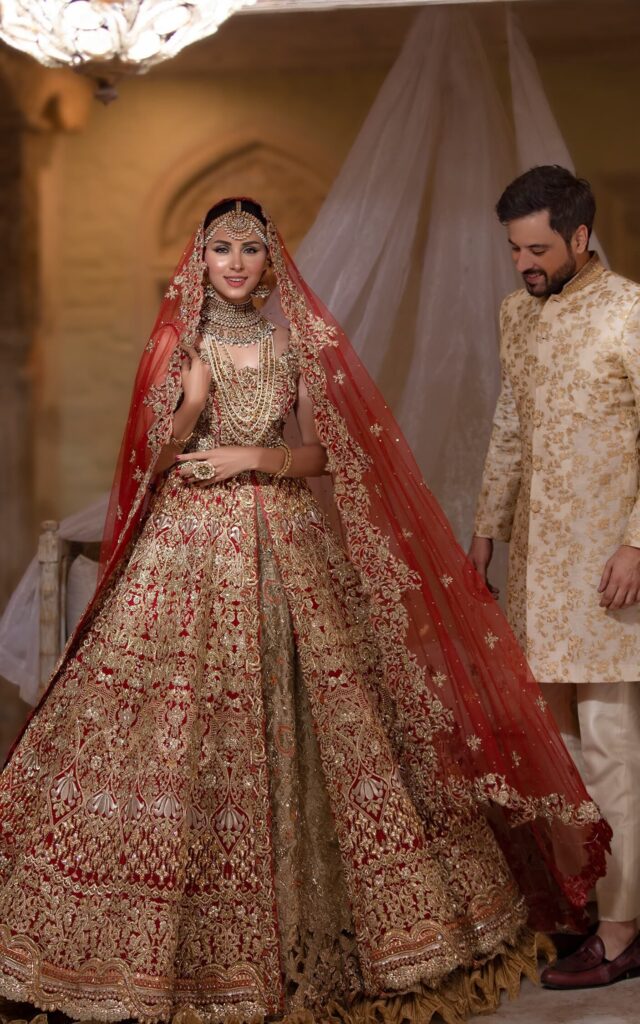 Royal Bridal Maxi with Embroidered Lehenga and Net Dupatta Traditional Deep Red and Golden Dress Pakistani #BS640 – SMALL