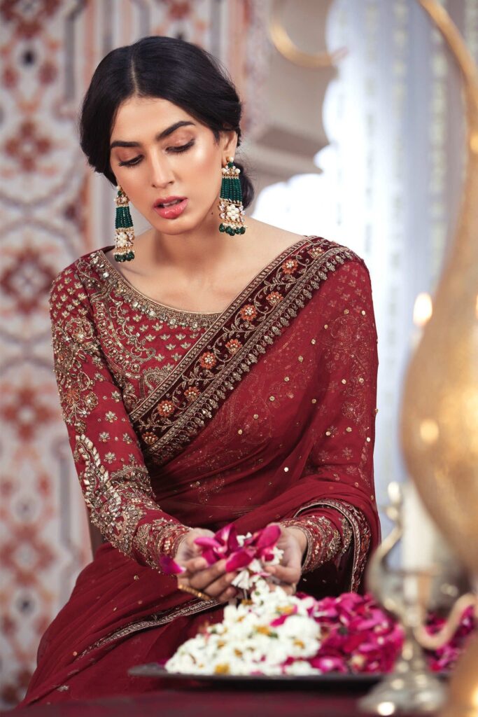 Royal Deep Red Saree Bridal Pakistani Dress #BS739 – CUSTOM SIZES