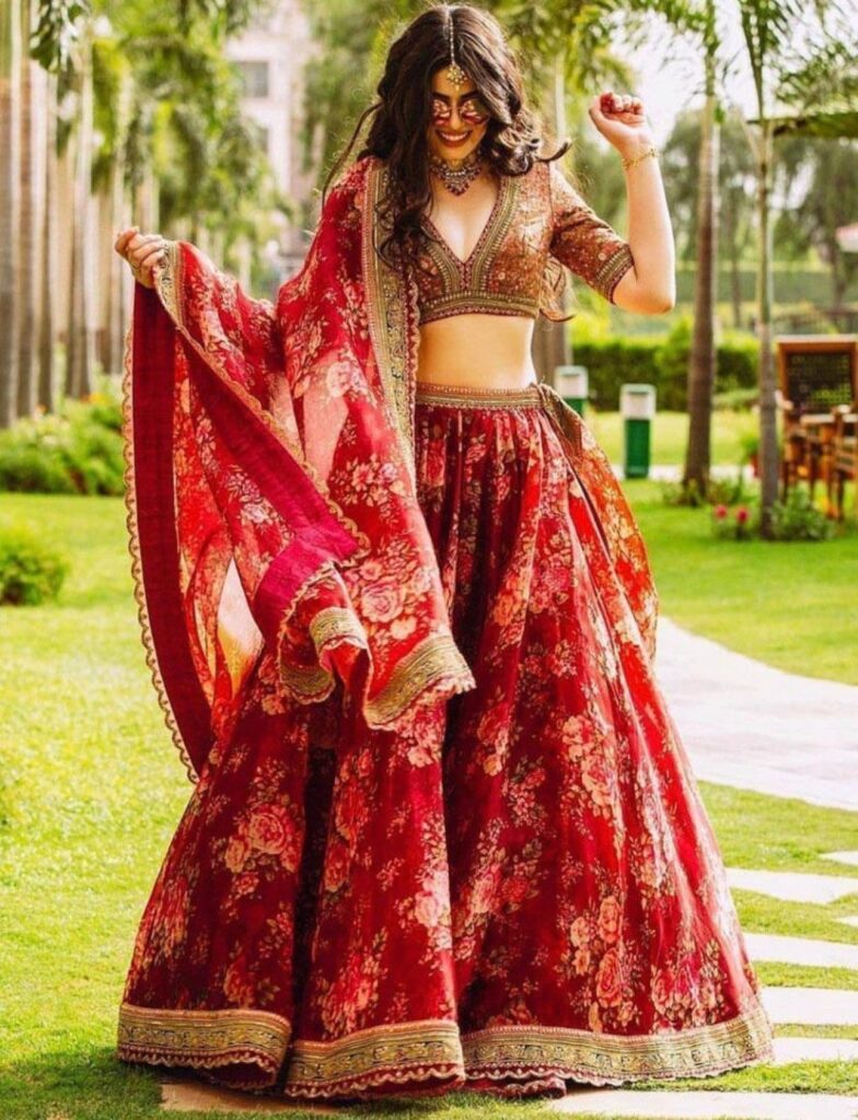 Sabyasachi Maroon Floral Printed Organza Bridal Lehenga Choli Indian bridal lehenga choli bollywood lehenga indian dress