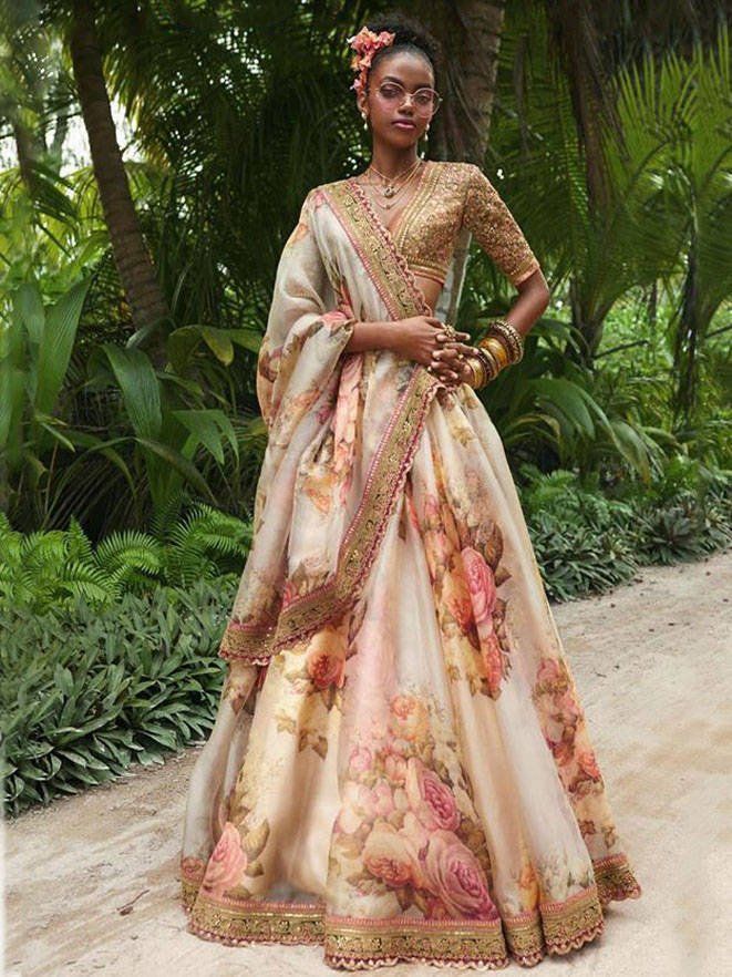 Sabyasachi Off White Floral Printed Organza Bridal Lehenga Choli