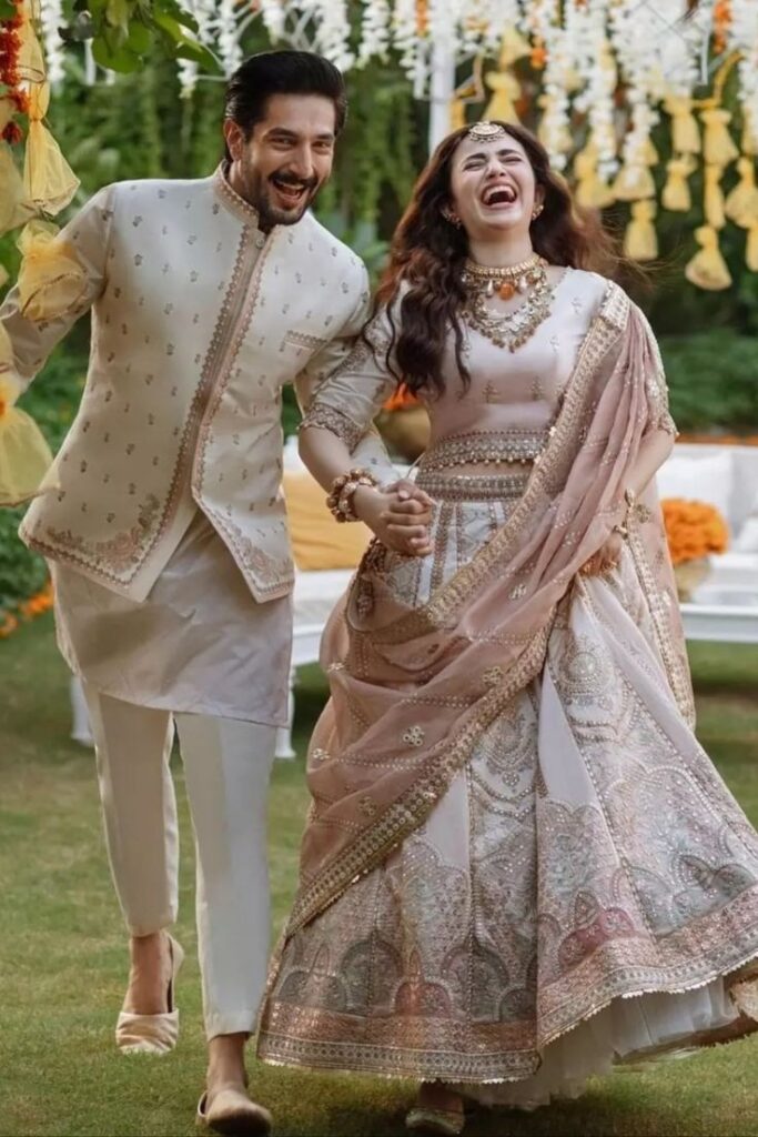 Sana Javed and Bilal Ashraf Beautiful Pictures Wedding Dress Champagne and Rose Gold