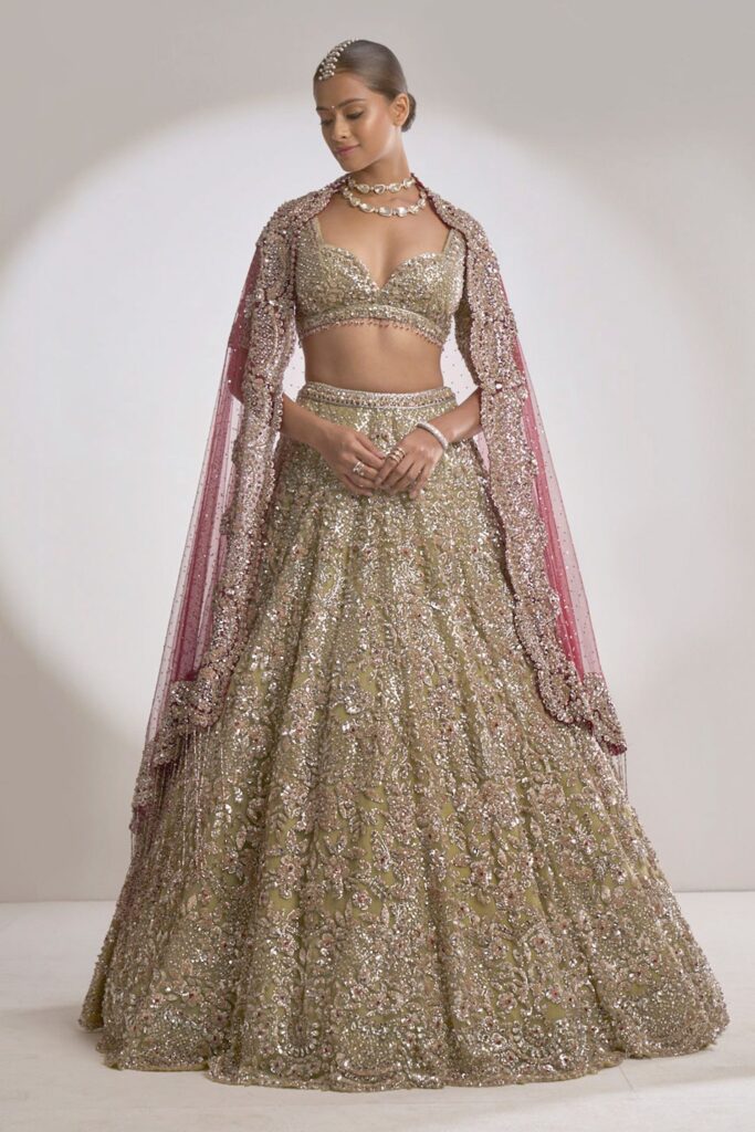 Seema Gujral Metallic Embroidered Lehenga Set | Green, Sequin, Net, Sweetheart, Elbow