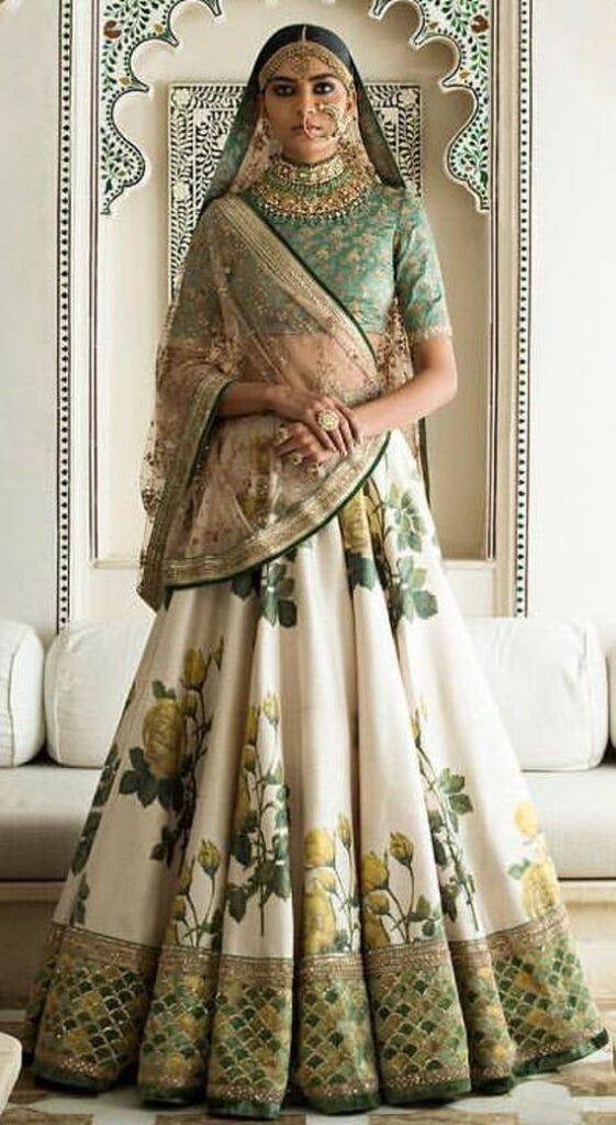 Silk Mehendi Sangeet Lehenga in White and Off White with Floral work