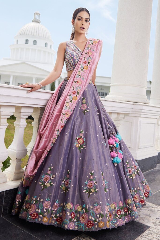 Sonia Bansal Sequin Embroidered Lehenga Set | Purple, Floral, Tissue, V Neck, Sleeveless