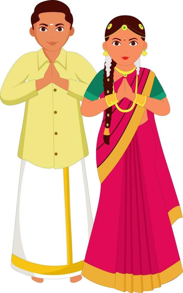 South Indian Wedding Couple Greeting Namaste In Traditional Dress Of Tamil Nadu.