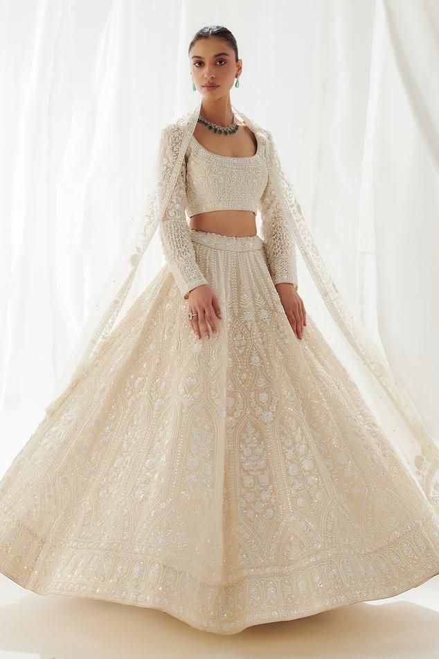 Suhino Organza Embroidered Lehenga Set | White, Sequin, Lehenga, Round, Long