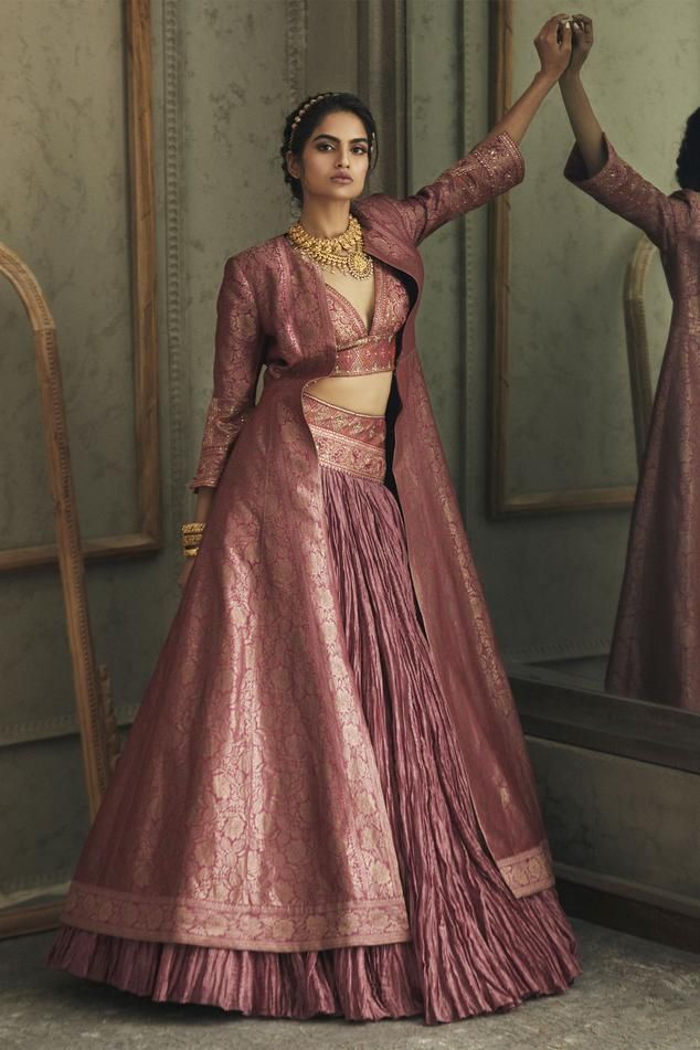 Tarun Tahiliani Brocade Jacket And Chanderi Skirt Set | Pink, Chanderi, V Neck, Jacket