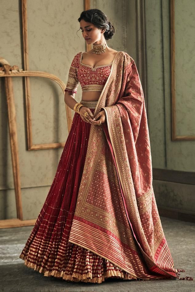 Tarun Tahiliani Crushed Chanderi Lehenga Set | Maroon, Chanderi, Leaf, Half