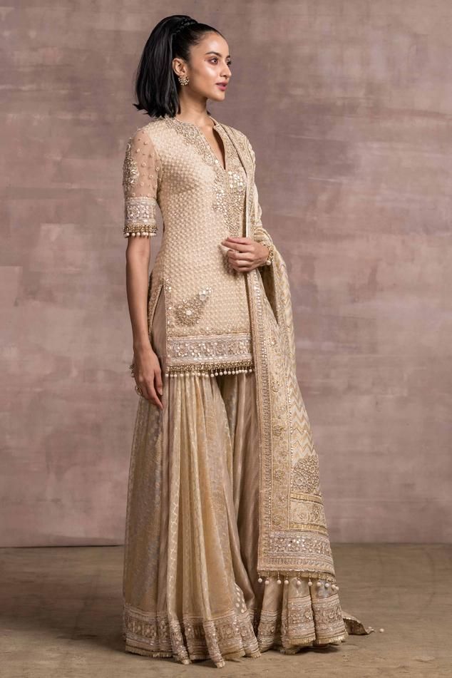 Tarun Tahiliani Kurta Sharara Set | Women, Kurta Sets, Sharara And Gharara Sets, Straight Kurta Sets, Gold, Silk Organza Brocade, Round, Half