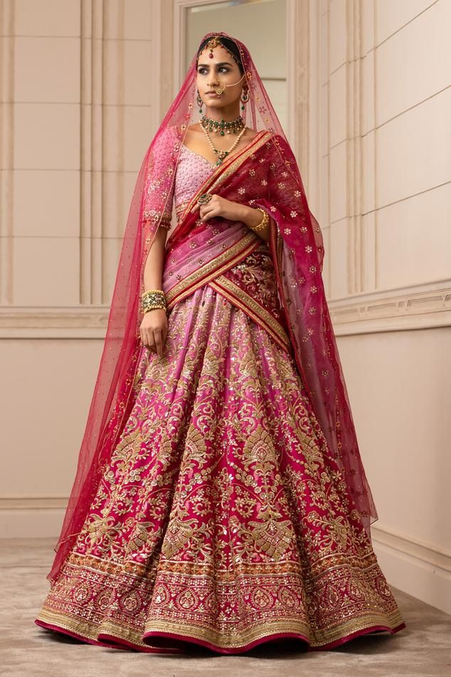 Tarun Tahiliani Zardozi Set | Women, Lehengas, Bridal Lehengas, Classic Lehengas, Printed Lehengas, Pink, Floral, Lehenga And Blouse: Silk Dupion, V Neck, Elbow Sleeves