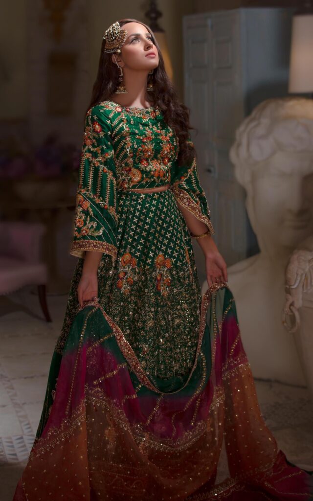 Traditional Embroidered Mehndi Dress in Emerald Green Lehenga Choli Style Bridal Dress Pakistani #BS643 – MEDIUM