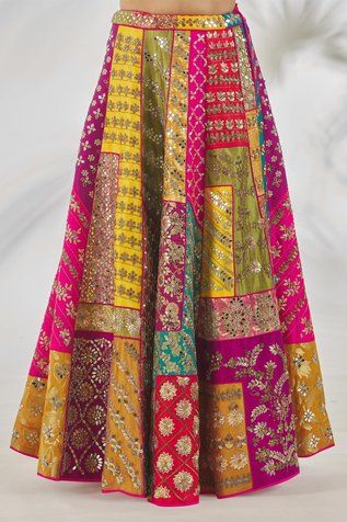 Vandana Sethi Mirrorwork Embellished Patchwork Lehenga Cape Set | Multi Color, Gotapatti, Dupion Silk, Cape, Cape