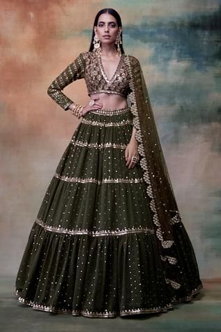 Vvani by Vani Vats Embroidered Lehenga Set | Green, Georgette, V Neck, Full