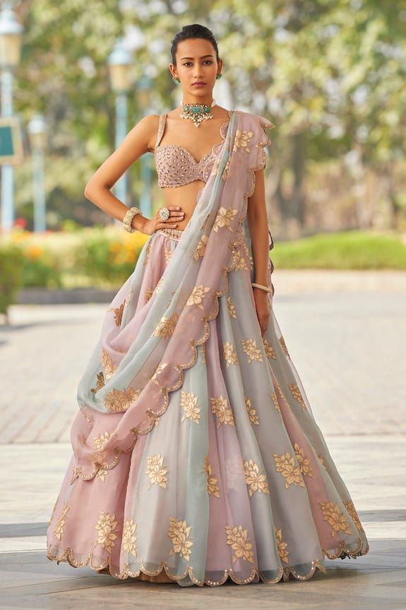 Vvani by Vani Vats Sequin Blouse Set | Women, Lehengas, Classic Lehengas, Pink, Floral Applique, Lehenga And Dupatta Organza, Sweetheart, Sleeveless at Aza Fashions