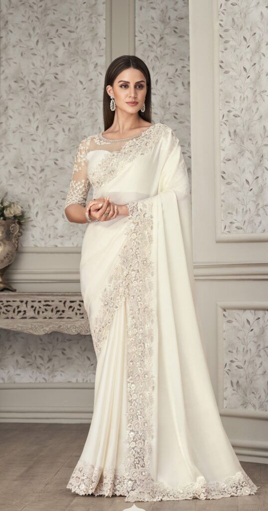 White Color Resham Embroidered Satin Silk Saree for Engagement For Order – 4 Days / XS