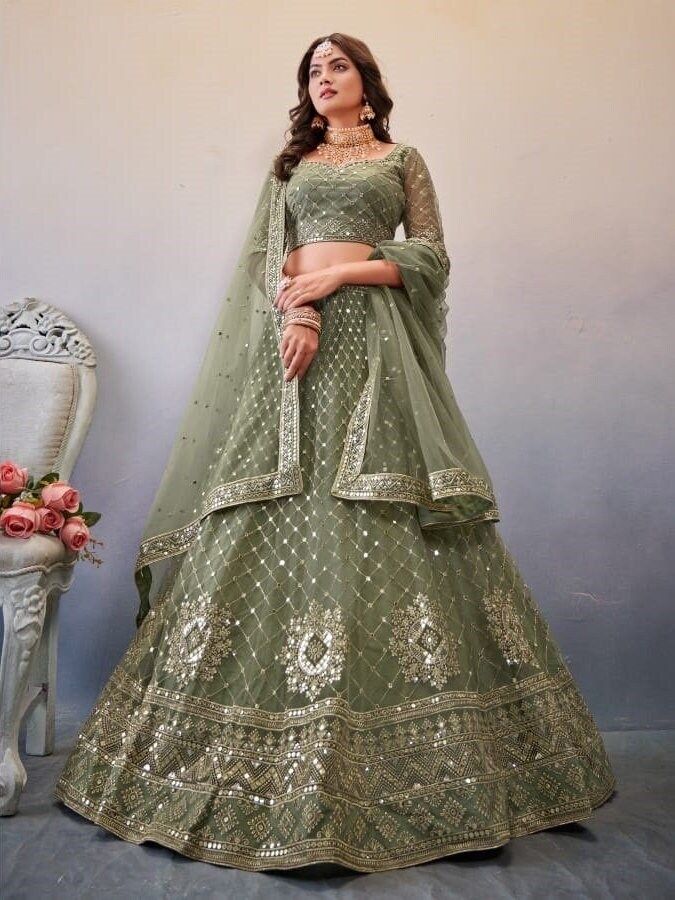 Women’s Net Bridal Lehenga with Sequins Embroidery Work full flyer Lehenga Choli by Saundaryam Fashions