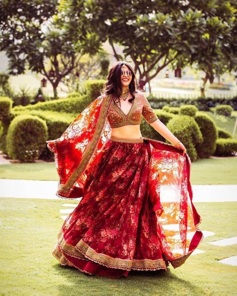 lehenga choli for women maroon Organza silk wedding bridal lengha sari Designer Bollywood inspired latest trending ghagra choli with dupatta