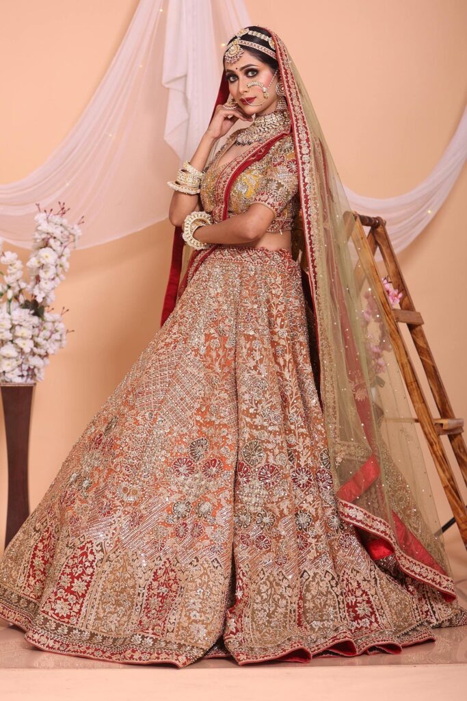 mehar Dome Floral Embroidered Lehenga Set | Orange, Floral, Net, Wide V, Half